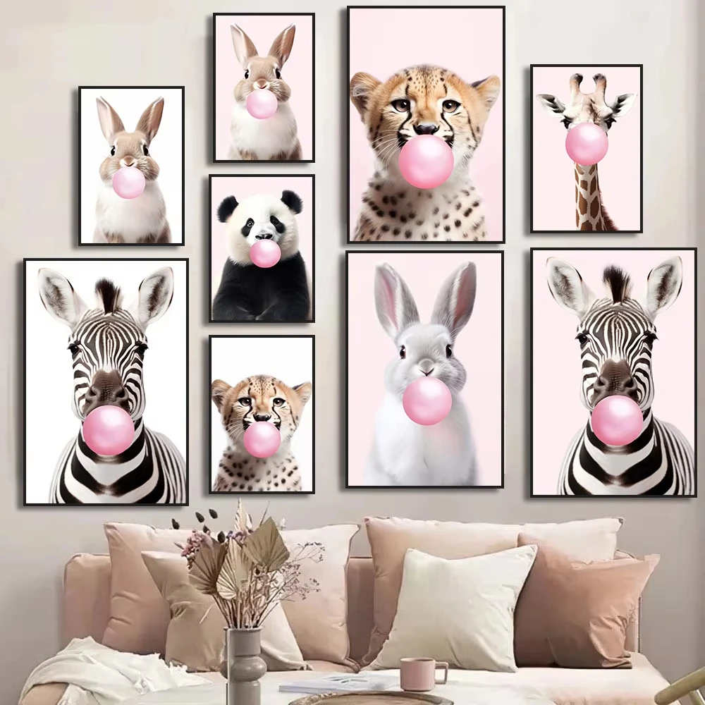 Lindo póster de panda rosa, jirafa, conejo, guepardo y cebra que soplan chicle, lienzo para habitación infantil, decoración con estampado de animales