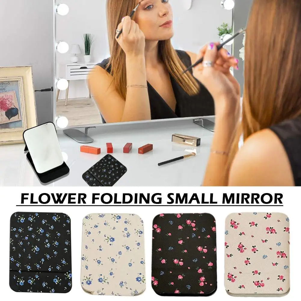 Retro Flower Folding Small Mirror HD Home Makeup Mirror Table Mirror PU Leather Dressing Portable Small Shockproof Non-slip C2H3