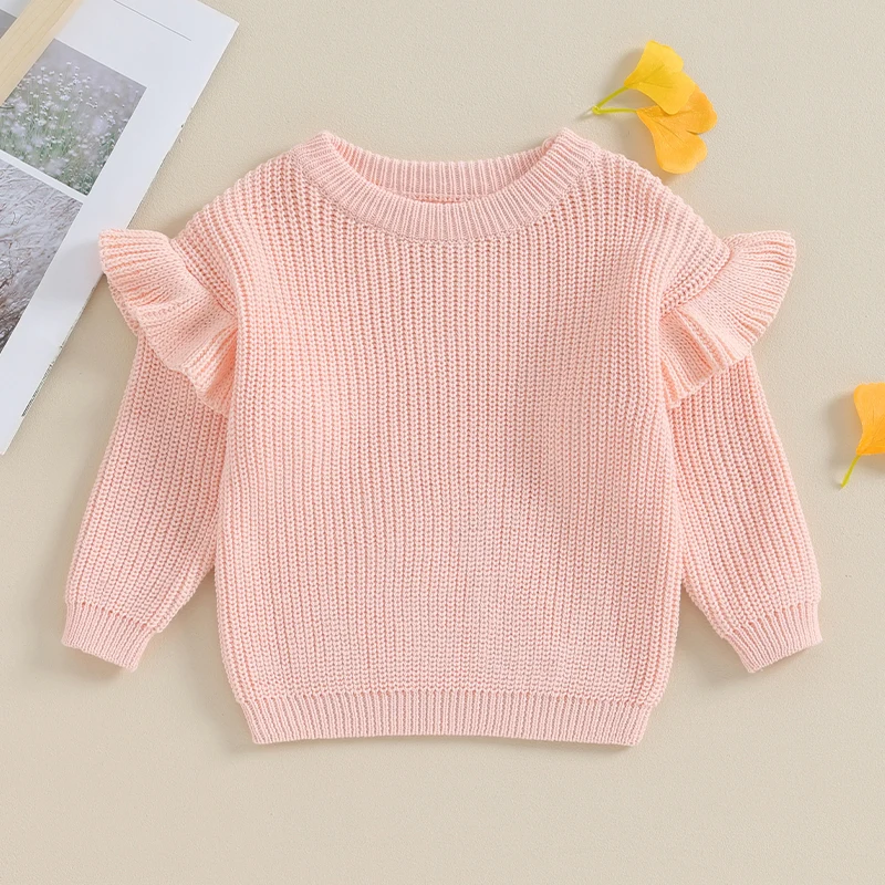 Autumn Winter Newborn Baby Girls Warm Sweaters Cute Ruffle Long Sleeve Solid Color Knit Pullover Toddler Loose Tops