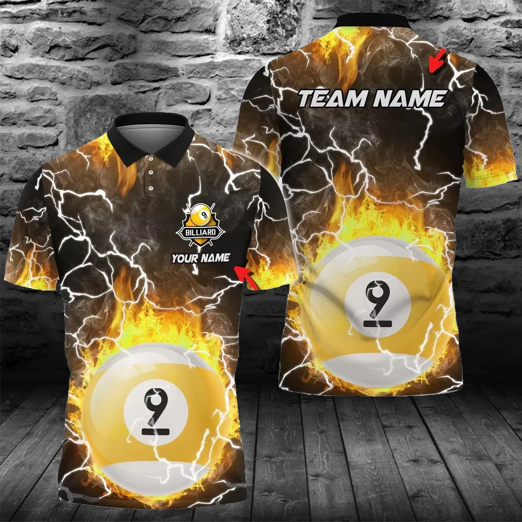 Custom Name 3D Printed Billiards 9 Ball Fire Colorful Rays of Light Polo Shirt Premium Men's Summer Casual Wear POL163