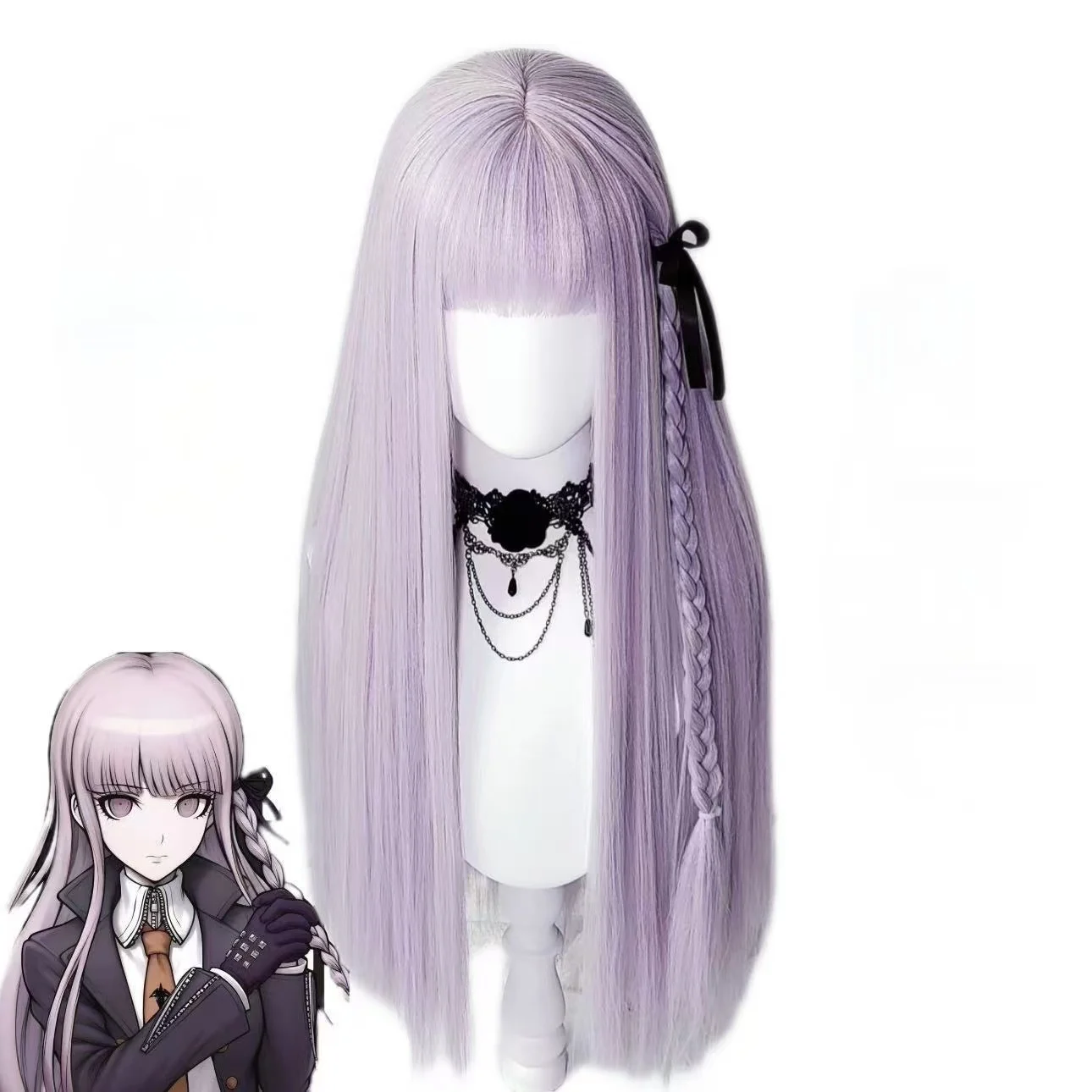 Danganronpa Kirigiri Kyoko Cosplay Wig Light Purple Long Straight Wig Ribbon Synthetic Hair For Halloween Costume Party