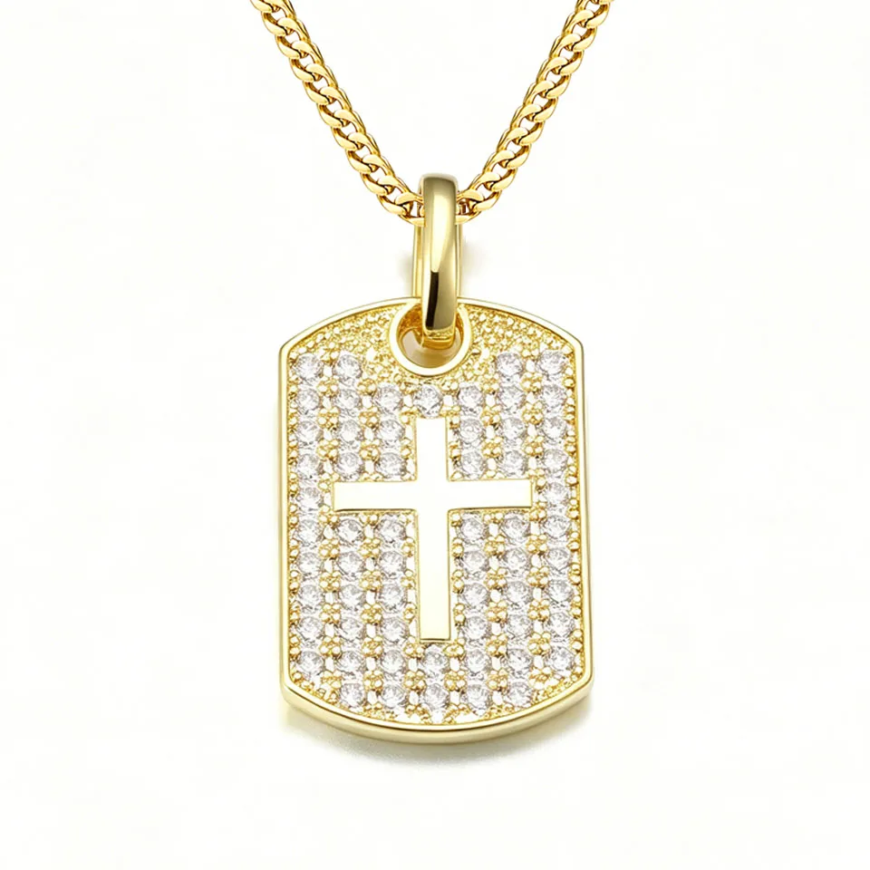 

VANAXIN Iced Out Cross Dog Tag Pendant Necklace for Men Women 14K Gold Plated CZ Christian Hip Hop Jewelry Charm Gift