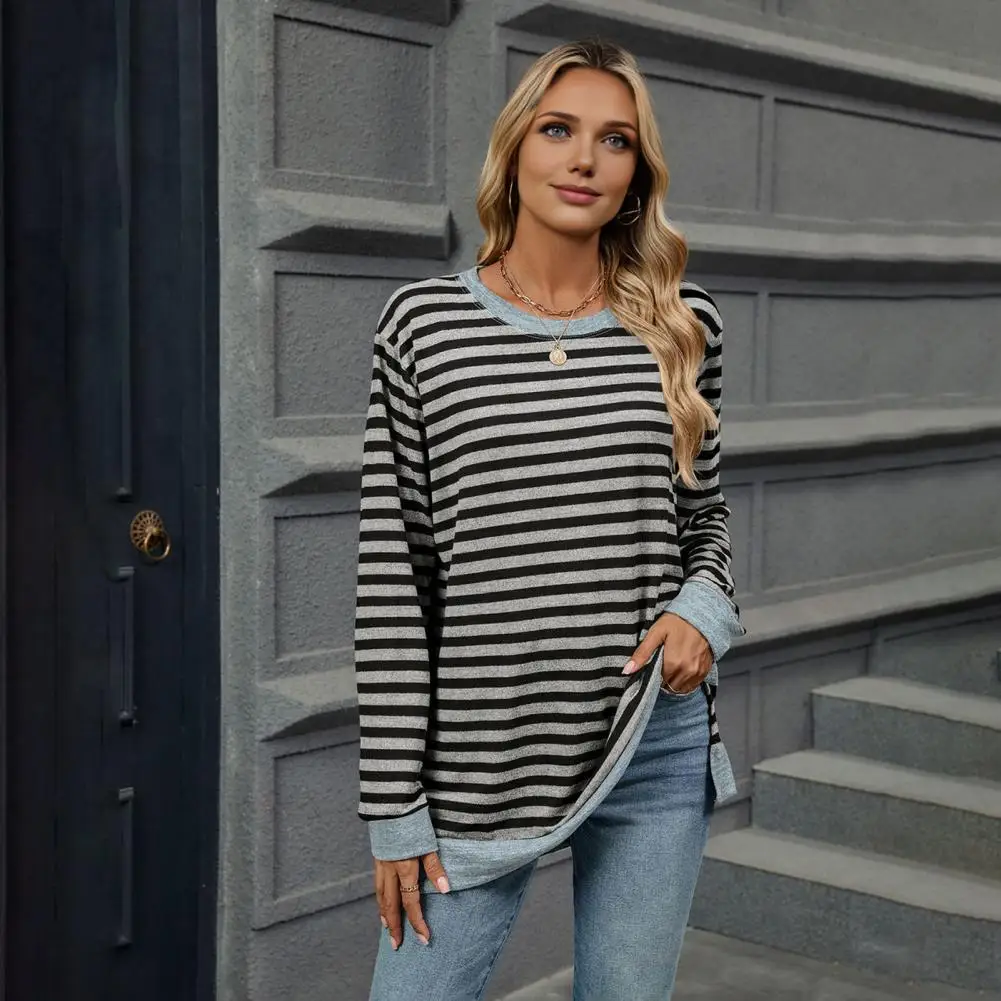 Stretchy Women Shirt Striped Print Long Sleeve Tee Shirt with Side Split Design Women's Mid-length Pullover Top Loose for Women