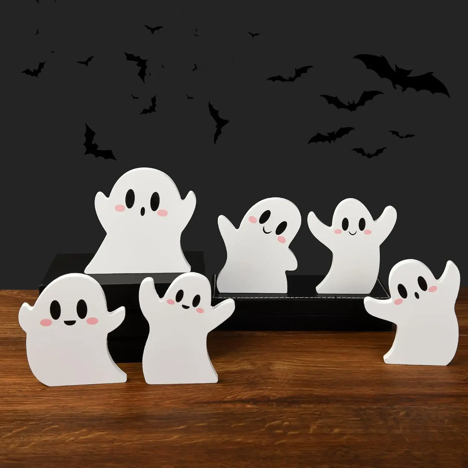 

Halloween Creative Cute Ghost Layered Tray Decoration, Ghost Halloween Desktop Decoration Wooden Ornaments，Halloween Gift