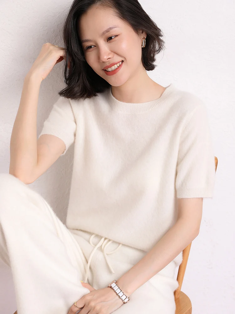 High-end Women Cashmere Pullover Sweaters For Spring Summer Round Collar Half-sleeve T-Shirt Office Lady 100% Cashmere Knitwear