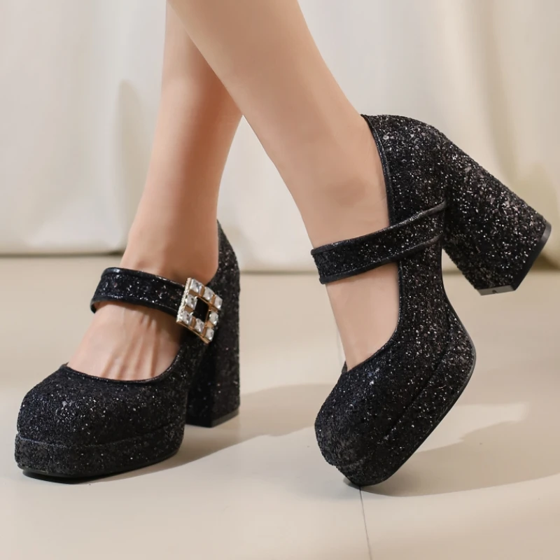 Women's Block High Heels Mary Jane Shoes Big Size 45 Fashion Square toe Luxury Gold Black Heeled Wedding Dress Dance Shoes Lady view 3