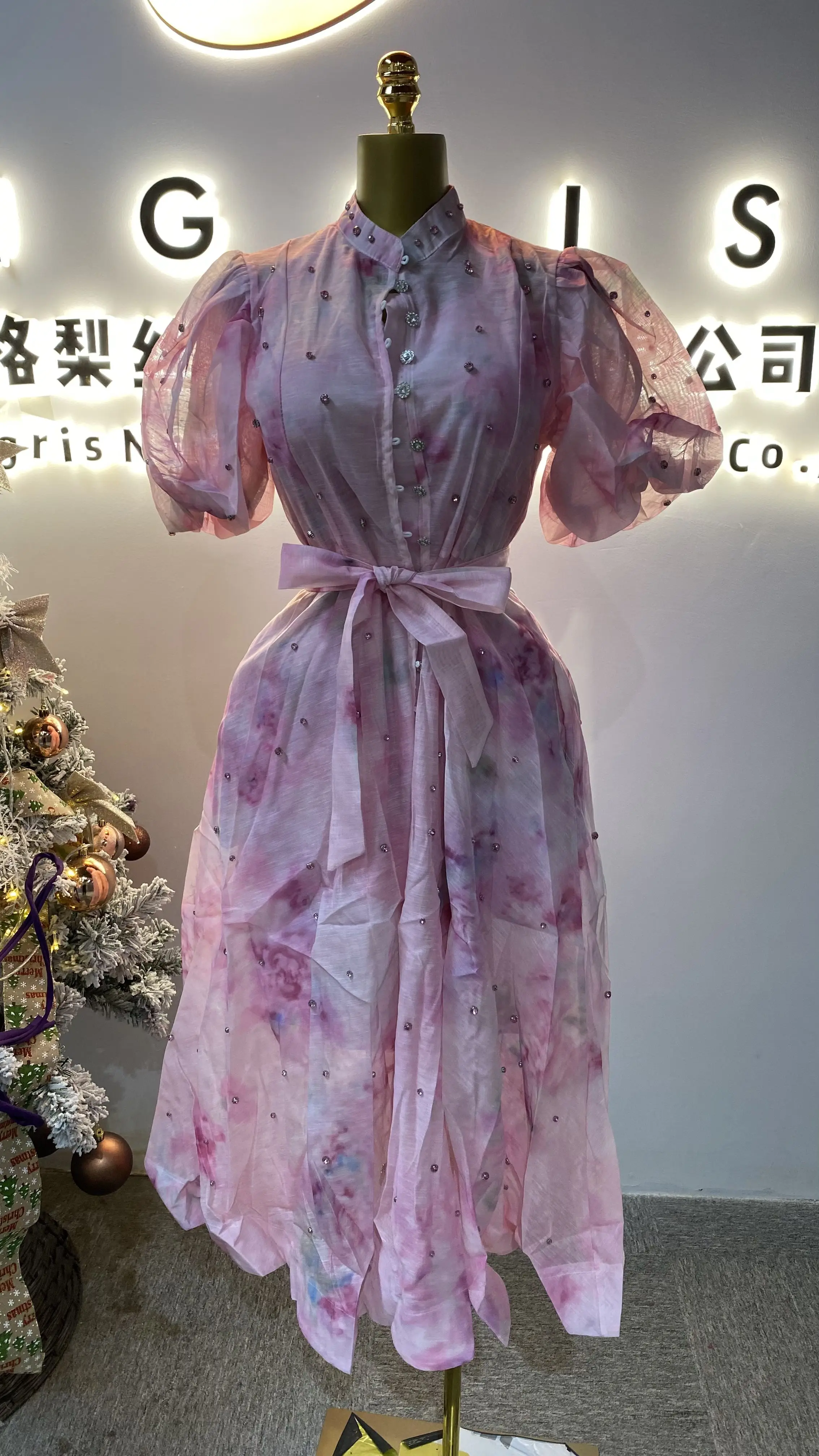 

Women's Maxi Long Casual Dress Vintage Print Stand Collar Elegant Diamond Tie Waist Puff Sleeves-GZXX003