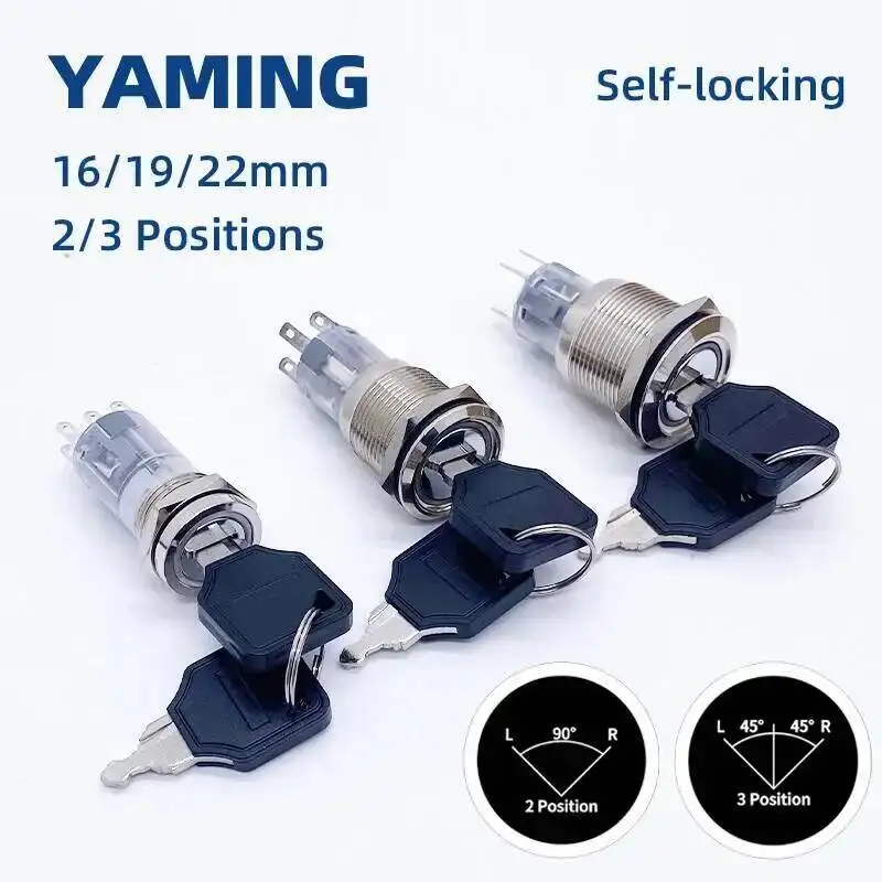 

16/19/22mm With Key 2/3 Position Metal Rotary Button Switch Self-locking Retaining Type Selector LED NO/NC