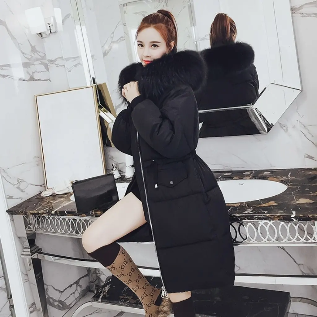 

Зимний женский повседневный утепленный пуховик средней длины на талии с хлопковой подкладкой, пальто выше колена, корейская мода