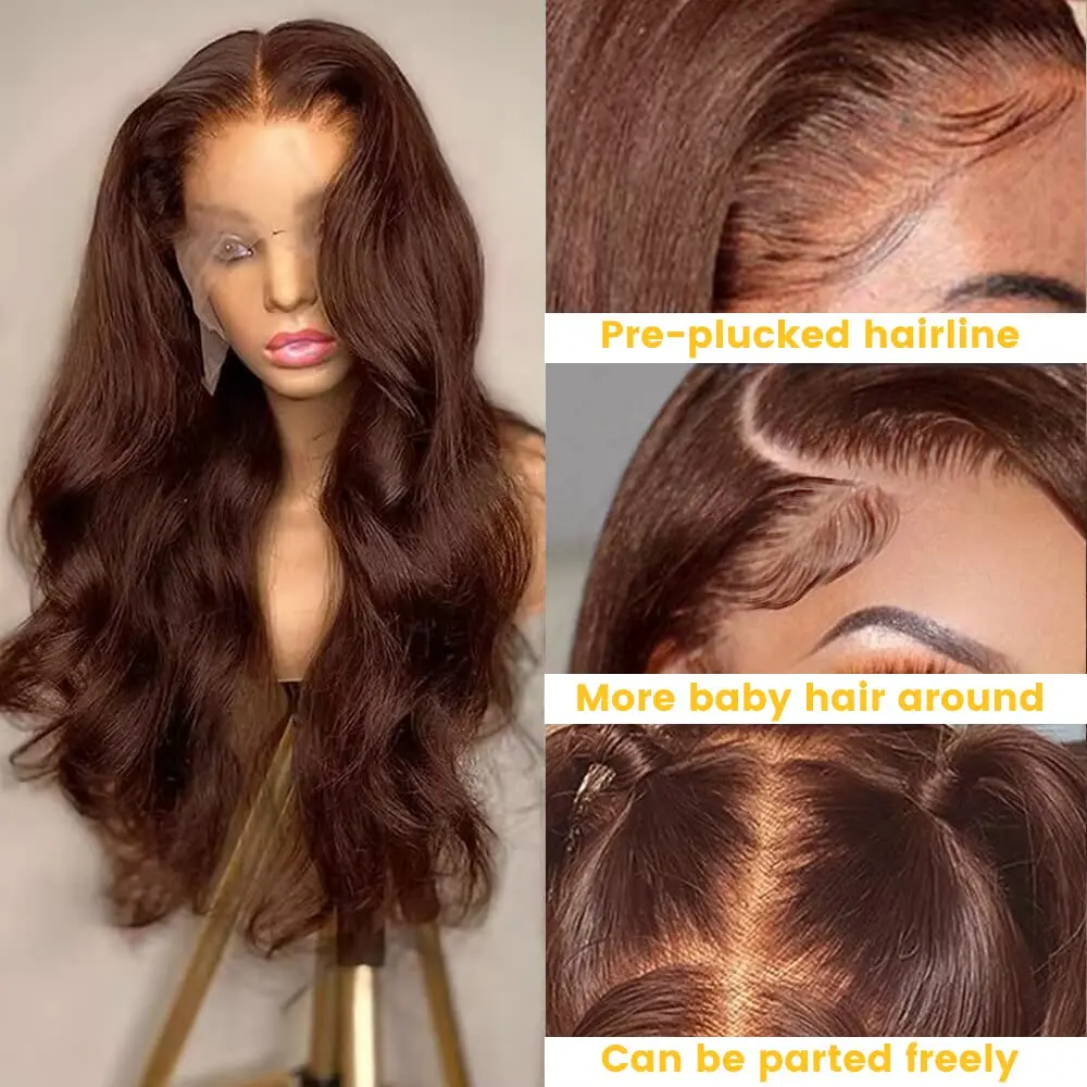 Chocolate Brown 13x4 Lace Frontal Human Hair Wigs Body Wave Transparent Preplucked Lace Front Human Hair Wig For Women