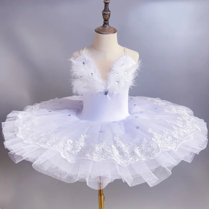 Vestido de actuación de tutú para niñas de gama alta, falda tutú profesional para danza del cisne para niños, falda de gasa hinchada decorada con plumas de alta gama