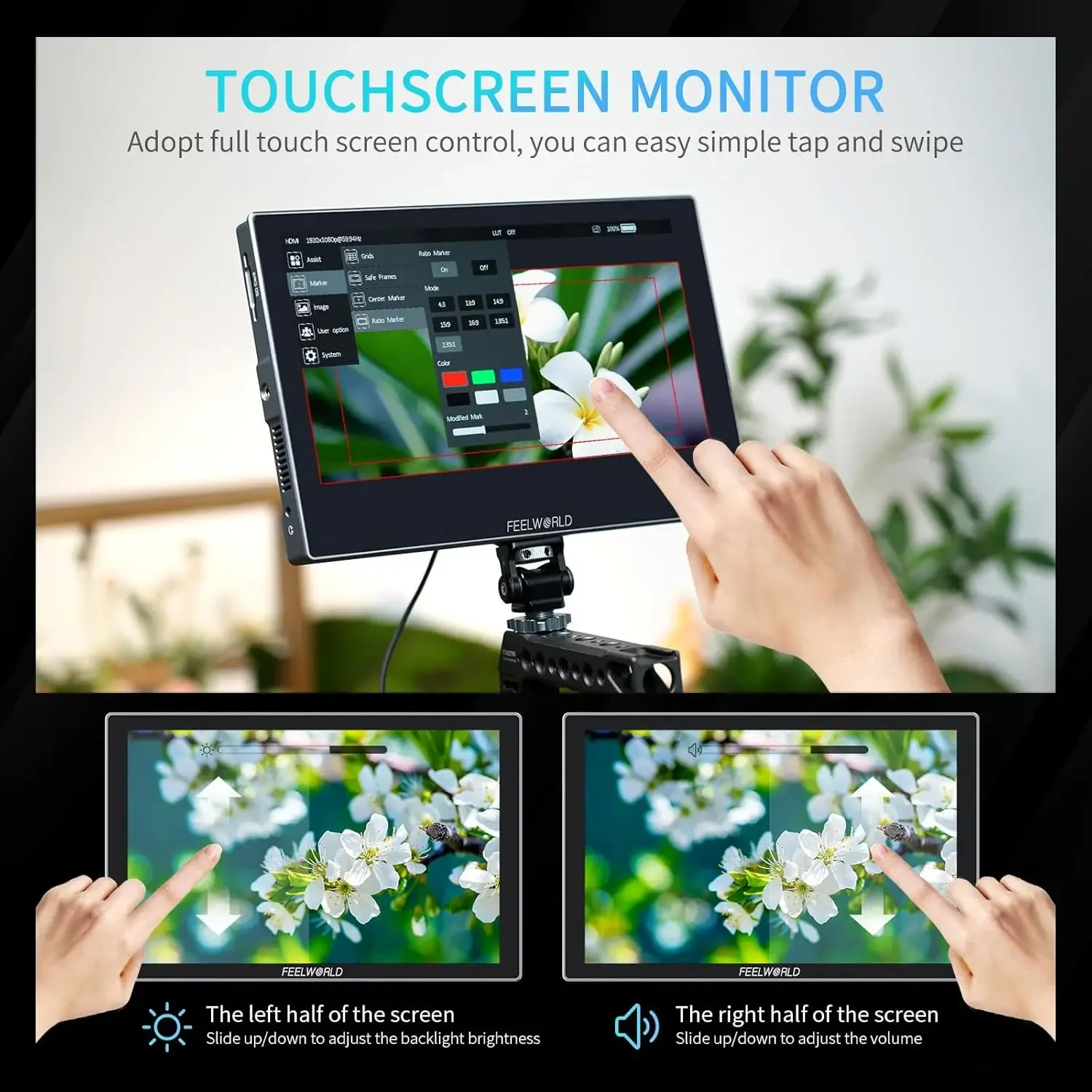 Feelworld S10 10.1 بوصة 12G-SDI 1200nit الألومنيوم مجال الكاميرا DSLR شاشة تعمل باللمس الموجي HDR ثلاثية الأبعاد LUT Out