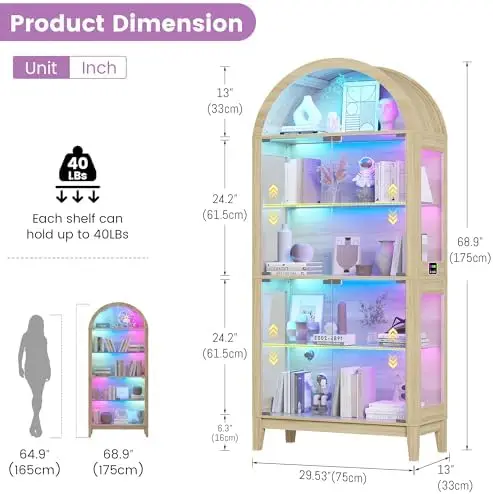 5-Tier Arched RGB Motion Sensor Glass Display Cabinet for Living Room,Wood