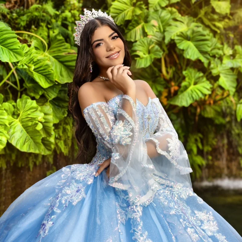 

Customized Shiny Water blue Quinceanera Dress Off Shoulder Lace sequin applique crystal ruffle vestidos de 15 Quinceanera