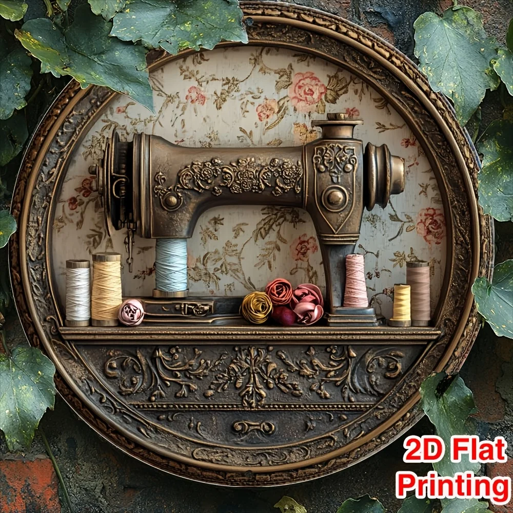 Vintage Nähmaschinen-Metallschild, Rundes Zinn-Schild mit Verzierten Blumenmotiven und Garnspulen, Retro-Wanddekoration für Quilt-Räume