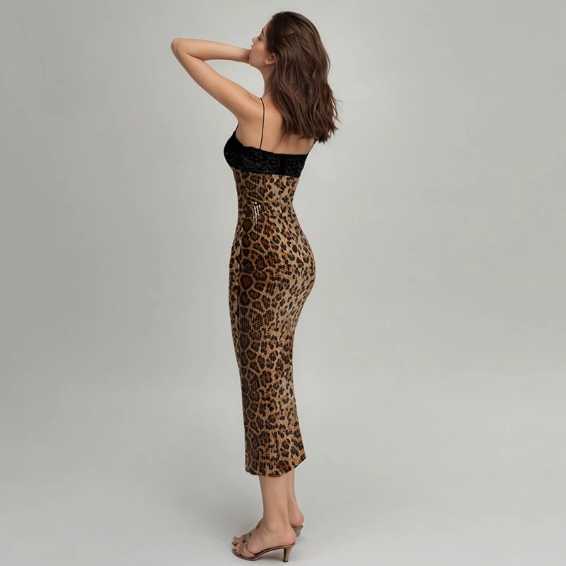 Vestido ajustado con estampado de leopardo y purpurina para mujer, vestido Sexy ajustado con cuello oblicuo, sin mangas, moda de verano 2025