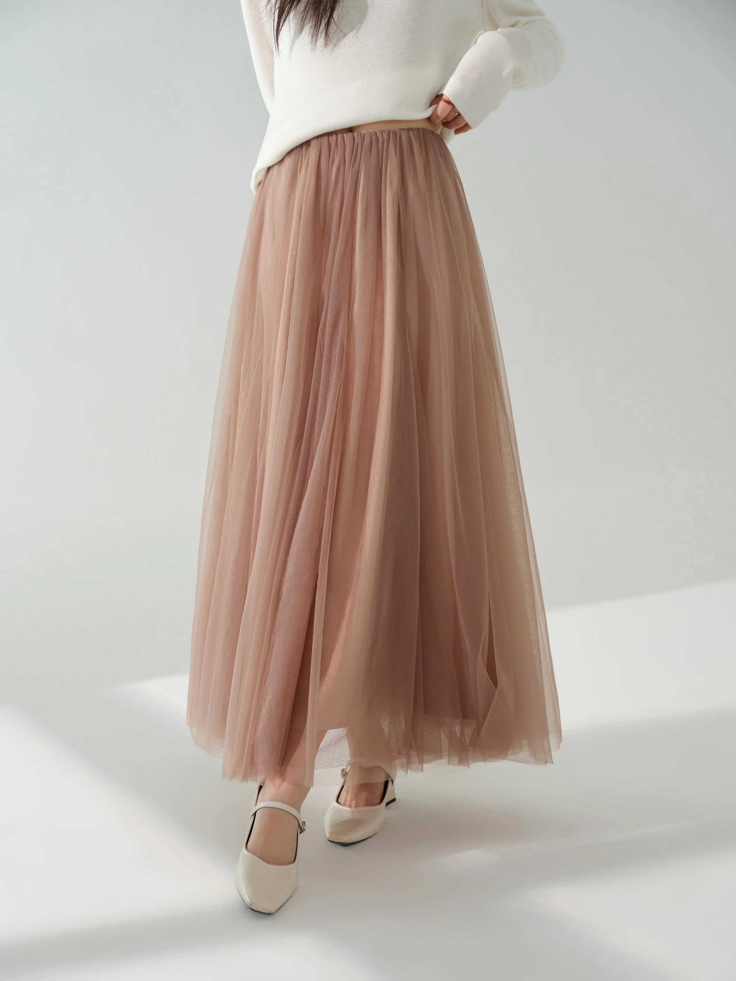 Elegant Mesh Tulle Skirt Women High Waist A-Line Midi Skirt Flowy Pleated Elastic Waist Skirt for Autumn Slimming Casual Outfit