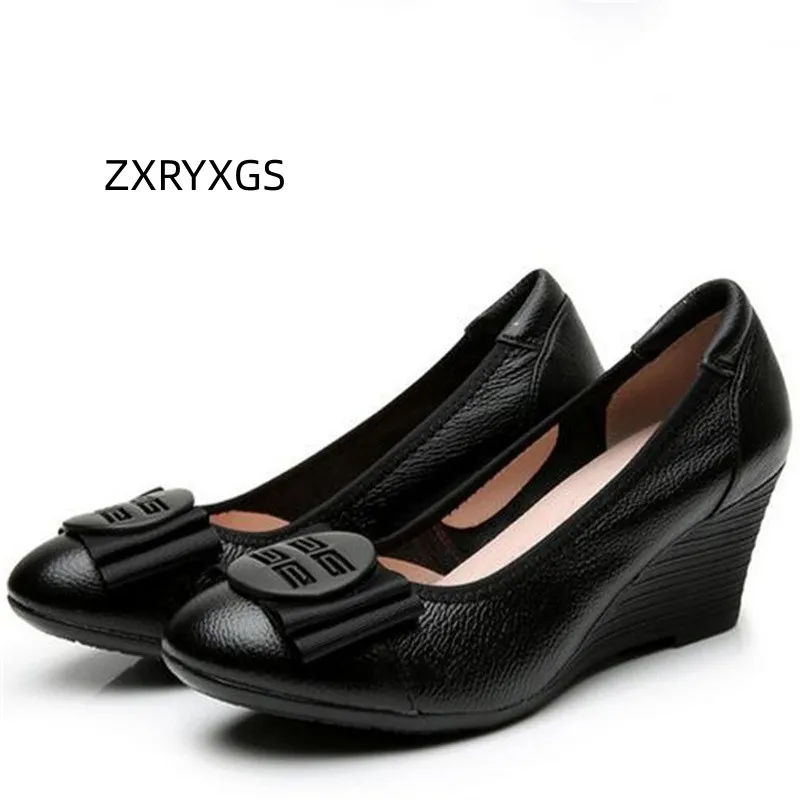 ZXRYXGS Premium Cowhide Bowknot Fashion Leather Shoes Wedges Comfortable Shoes 2024 Spring Banquet Wedding Women Stylish Shoes