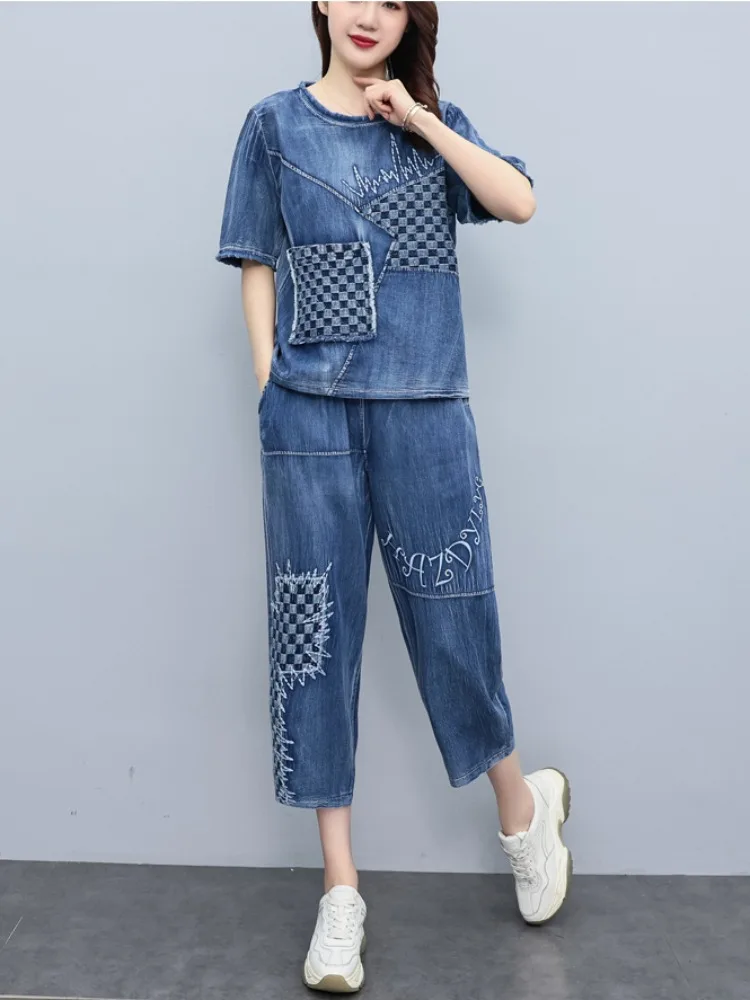 2025 Summer Women Embroidered Mosaic Lattice Denim Two-Piece Suit Fashion Sportswear Female Casual Loose 2 Piece Set Ladies