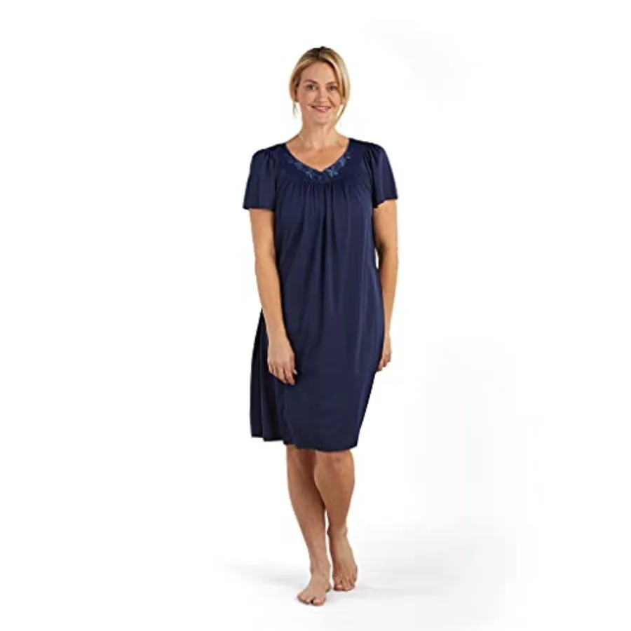 Miss Elaine Women's Short Tricot Nightgown, Flutter Sleeves and Premium Lightweight Fabric, Embroidered Neckline