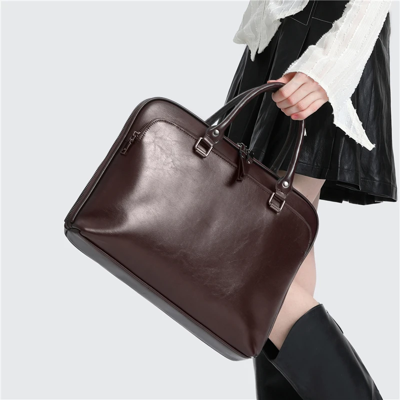Burminsa-maletín Vintage de cuero de vaca genuino para mujer, bolsos de hombro para ordenador portátil de 13 y 14 pulgadas, tendencia de diseñador