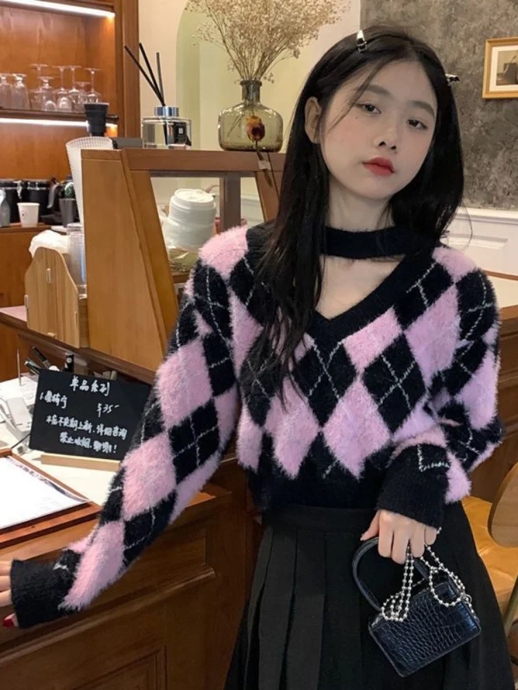 QWEEK Korean Fashion Plaid Sweater Women Harajuku Sweet Pink Sexy V Neck Pullover Kpop Long Sleeve Knitted Tops Autumn Winter