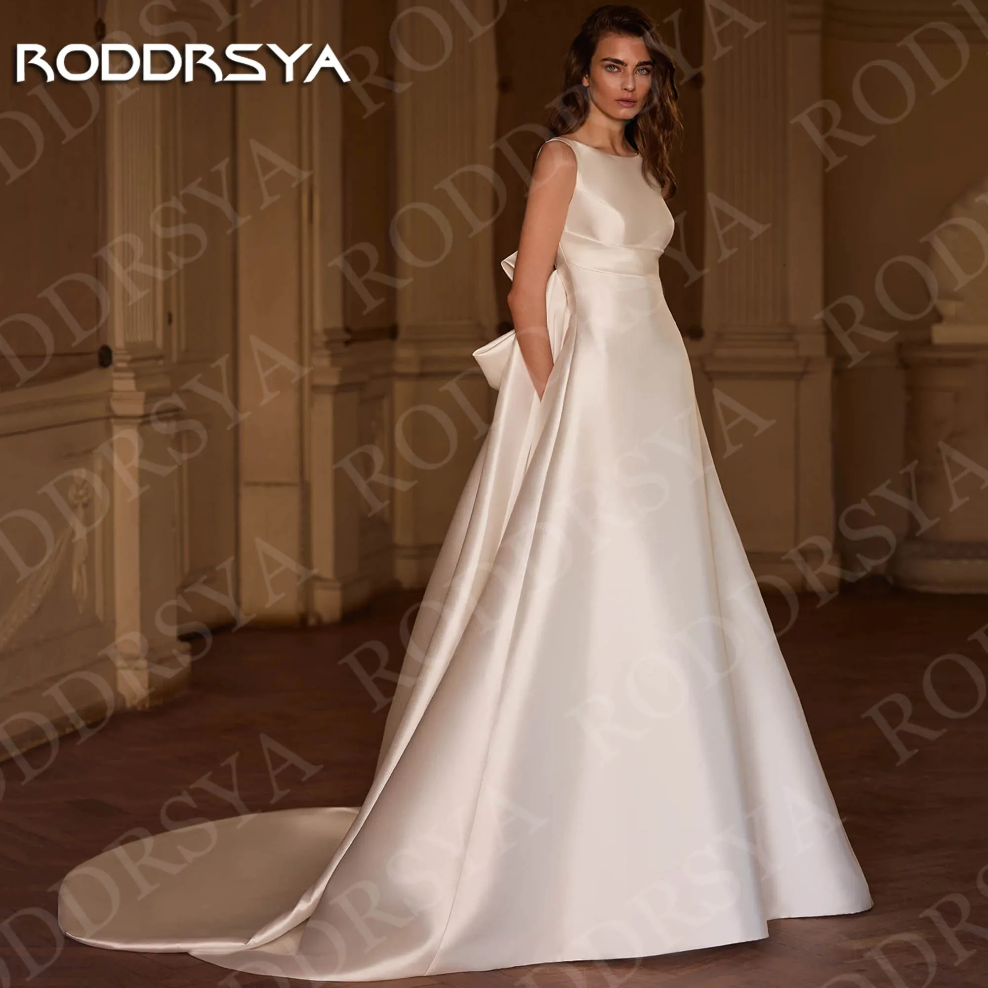 

RODDRSYA Elegant Wedding Dresses Satin Bridal Gowns Simple vestido de noiva Sleeveless Round Neck Bride Dress Woman Customized