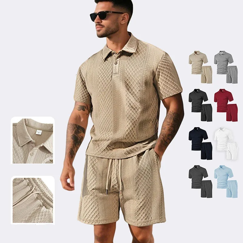 

2026 Summer Europe and United States Waffle Men Sets Solid Color Lapel Short-Sleeve T-Shirt Shorts Two Sets Man Clothing Suit