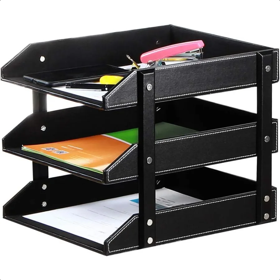 

Letter Trays Leather Desk File Organizer 3Tier Shees Document Paper Holder Tray Office Desktop Accories Storage Sorter for Fold