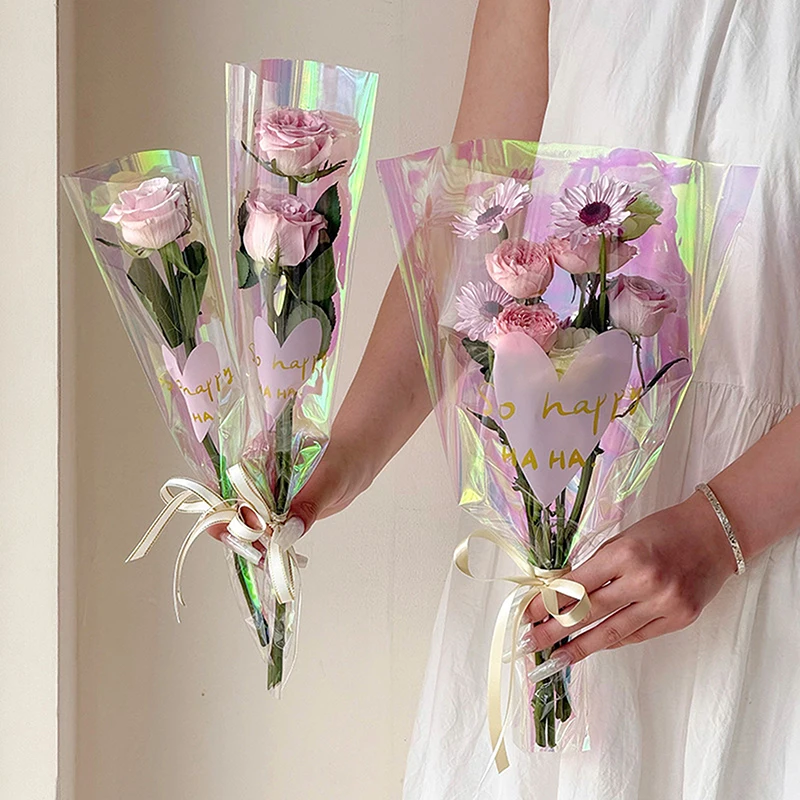 【P】30PCS Love Heart Iridescent Single Rose Sleeves DIY Transparent Flower Wrapping Bag Floral Material Packaging Waterproof view 3