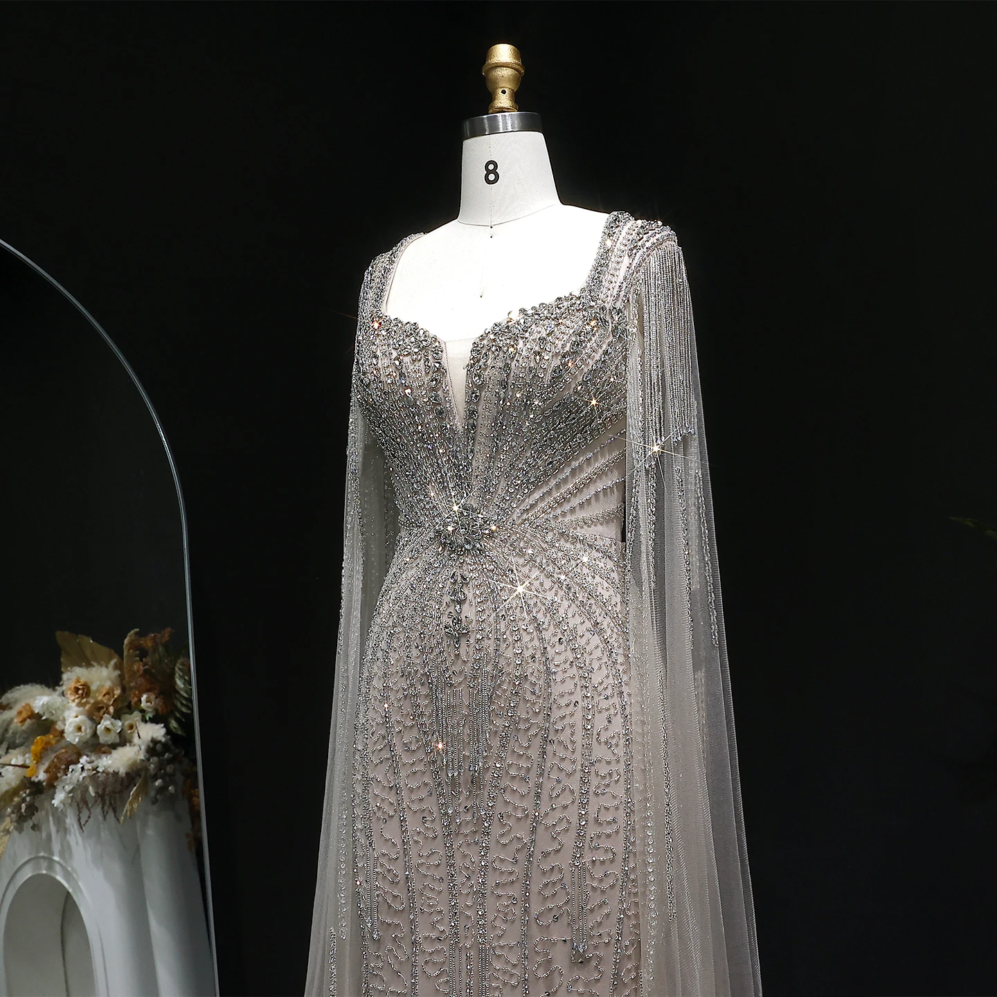 Sharon Said Dubai Luxuriöses Champagner-Meerjungfrauenkleid mit Cape-Ärmeln für Damen, Hochzeitsfeier, Ballkleider SS024, Maßanfertigung – Detail 11