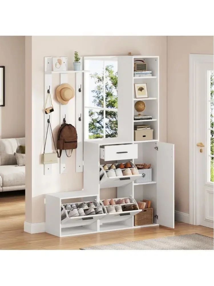 Ye Garderobenständer für den Eingangsbereich, inklusive Schuhschrank, Spiegel und Kleiderhaken, multifunktionaler Schuhschrank, wandmontierter Kleiderschrank mit Regalen, für den Flureingang, Weiß