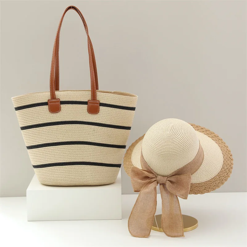 USPOP Tow-pieces Set Wide Brim Bow Straw Sun Hat Summer Straw Hat Retro Striped Straw Bag Large Capacity Tote Bag