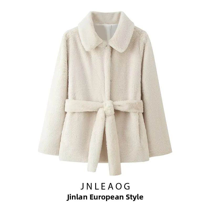 

Faionable универсальное пальто с эффектом искусственного меха и поясом, осеннее новое поступление, женская одежда JNLEAOG Long Sve, свободный крой...