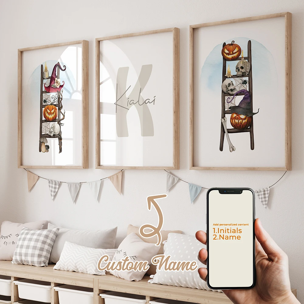 

3Pcs Personalized Custom Name Skull Wall Art Printmaking Canvas Painting Poster Picture For Halloween Living Room Home Decor