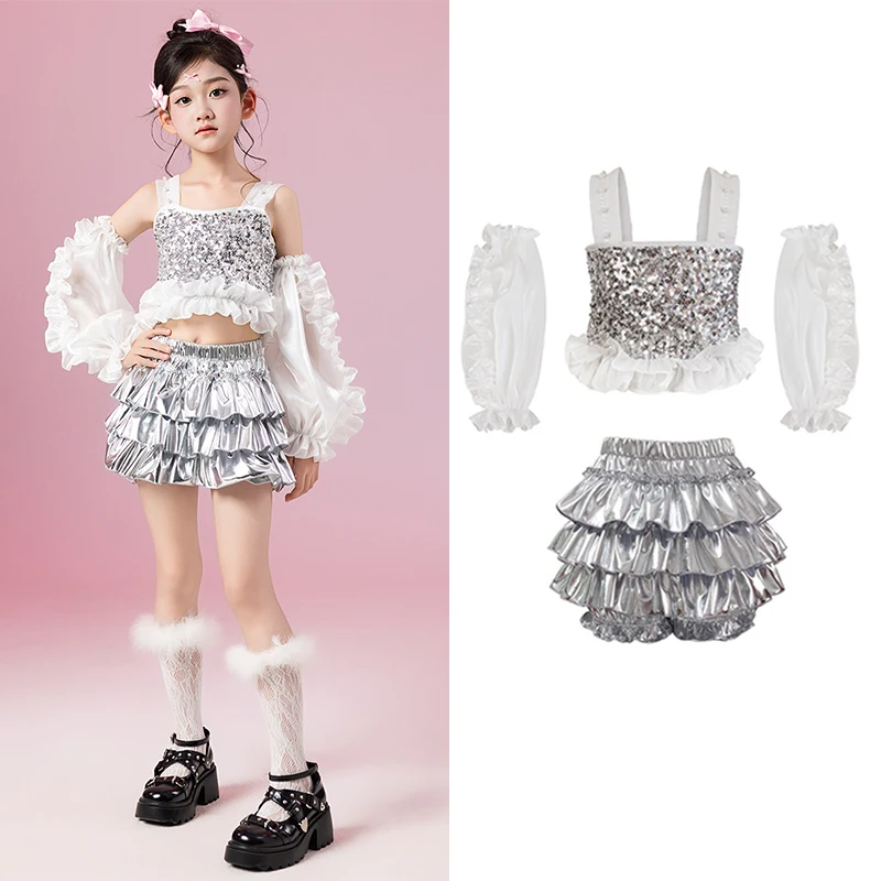 

Kpop Girls Jazz Dance Clothes Sequin Tops Silver Cake Skirt Hip Hop Cheerleading Dance Performance Costume Stage Wear BL16067