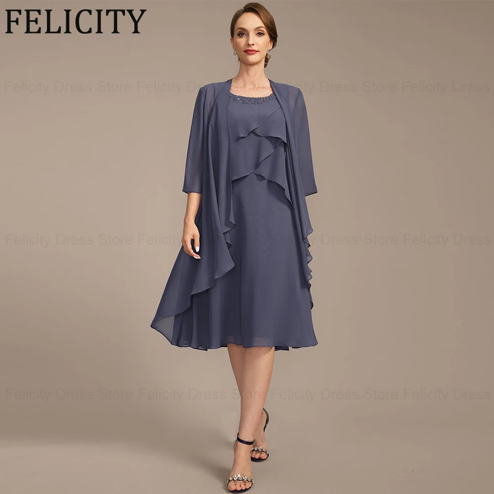 

FELICITY 2 Piece Elegant Chiffon Mother of the Bride Dress 2024 A-line Scoop Wedding Guest Dresses Beading Sequins Evening Gowns