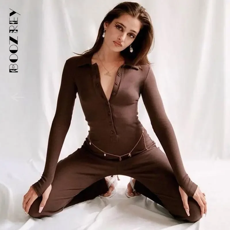 BoozRey Autumn Sexy Long Sleeves Single-breasted Jumpsuits for Women Casual Flare Pants Rompers Club Party One Piece Outfits