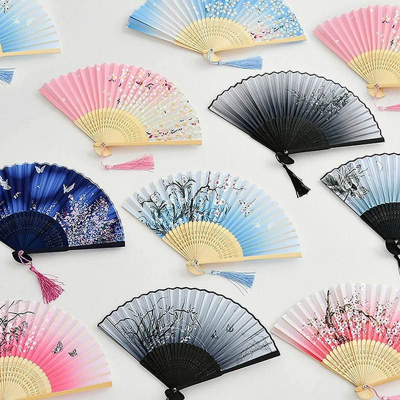 Estilo chinês Bambu Folding Fan, Portátil Flor Elegante, Hand Held, Dança Feminina, Presentes Requintados, Verão