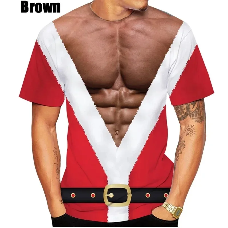 

Рождественская футболка с 3D принтом и забавными мышцами для мужчин, футболки с короткими рукавами и полным принтом, большие размеры, мужская уличная футболка Ropa Hombre