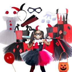 NEW Girls Clown Joker Costume Kids Cruella De Vil Halloween Villain Fantasy Cosplay Dot Fancy Dress Birthday Children Tutu Dress