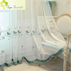 Chinese Bird Design Embroidered Velvet Tulle Curtains for Living Room Kid's Bedroom Sheer Window Screens for Kitchen Yarn