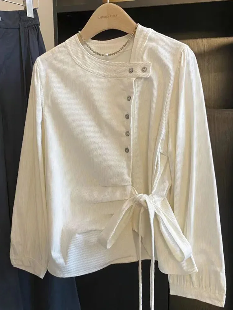 

Винтажная вельветовая белая рубашка для женщин, милая блузка с круглым вырезом в стиле преппи, с длинным рукавом, повседневная, в корейском стиле, весенняя, с шнуровкой, топ