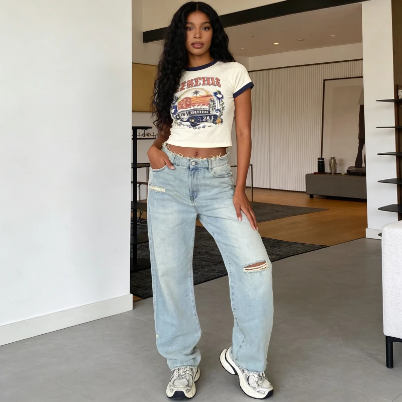 

Distressed Men Women Jean Ripped Holes Washed Denim Pants Straight Jeans Ankle Length Loose Solid Zipper Fly Pockets Casual 2025