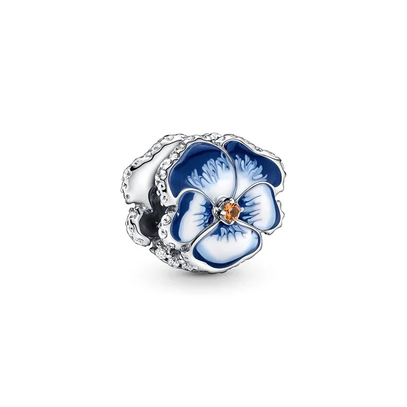 Berloque-Cuentas de Plata de Ley 925 auténtica para mujer, Charms de flor rosa y azul, compatible con Pulsera Original, collar, joyería