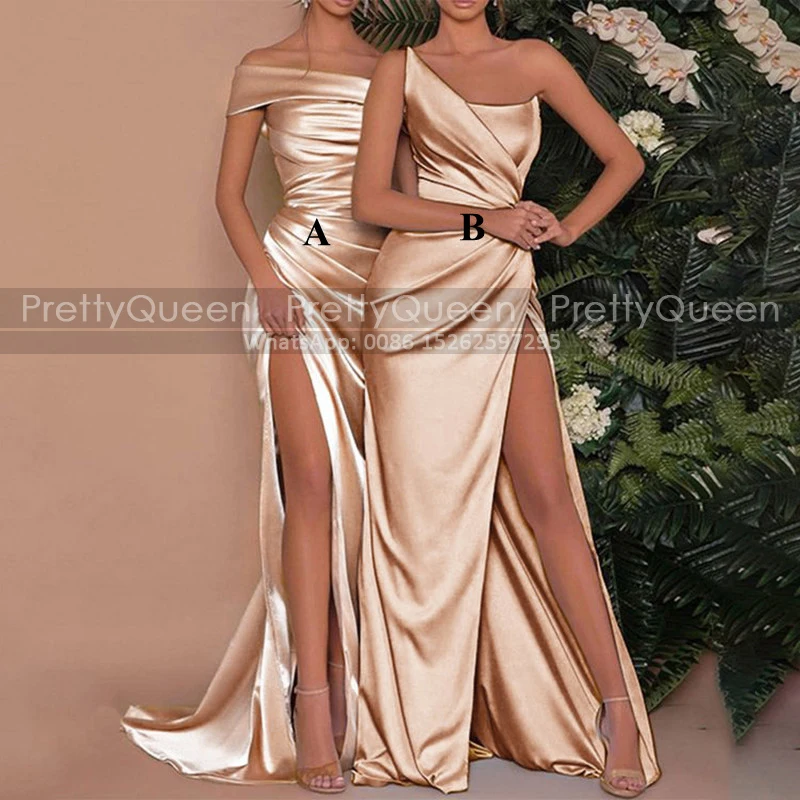 

Champagne Gold Sheath Bridesmaid Dresses Pleat Mermaid High Split Long Off Shoulder Wedding Party Dress Maid Of Honor