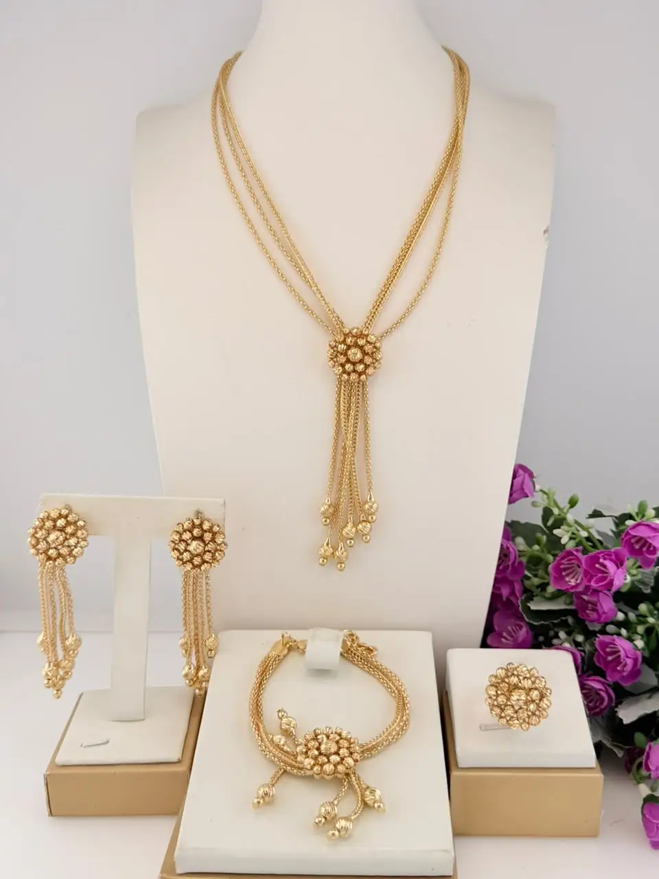 New Tassel Flower Ball Jewelry Set Gold Plated Multi Chain Y Necklace Drop Earrings Bracelet Ring African Wedding Party Jewelry
