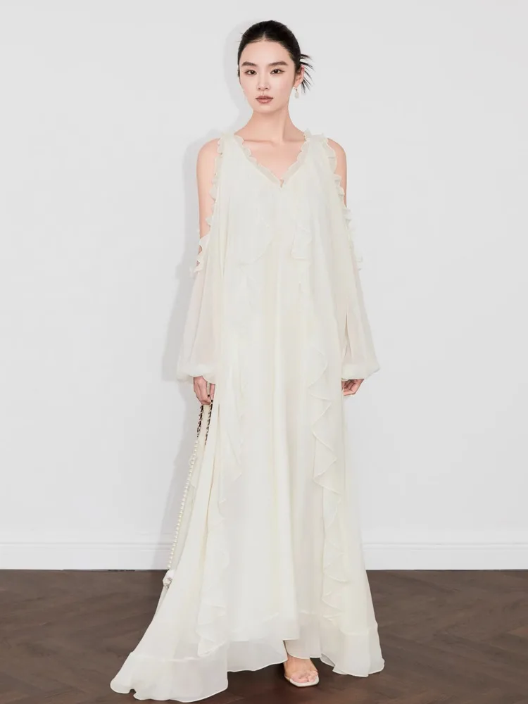 DFDG Damska Sukienka Maxi Minimalistyczna na Wiosnę Lato 2025, Odkryte Ramiona, Marszczenia, Długi Rękaw, Falbanki, Luźna, Wyszczuplająca Sukienka Wakacyjna