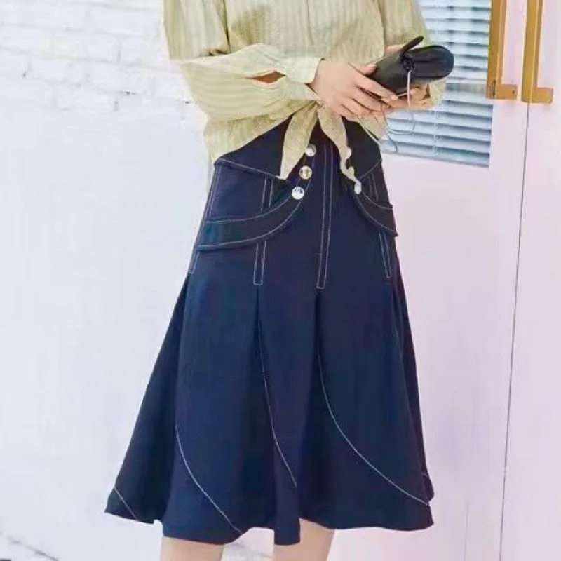 2025 المألوف عالية الخصر التخسيس ألف خط الدنيم تنورة للنساء الخريف جديد وصول مرونة الخصر فستان طويل الشعور