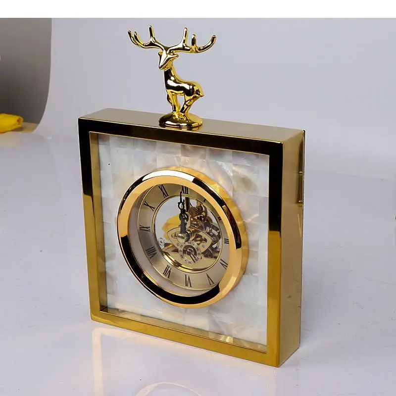 Golden/silver Square Deer Clock Golden Gold Plated Silent Sweep Needle Clocks Dorm Bedside Desktop Modern Home Decoration